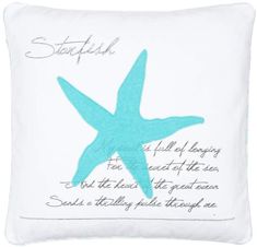 a blue starfish pillow with writing on the front and back side, sitting on a white background