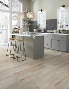 a kitchen with wooden floors and gray cabinets