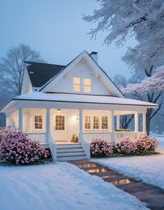 a white house with pink flowers in the front yard and steps leading up to it