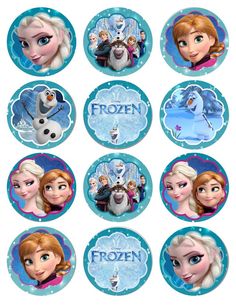 frozen princess cupcake toppers with the names of each character in blue and white