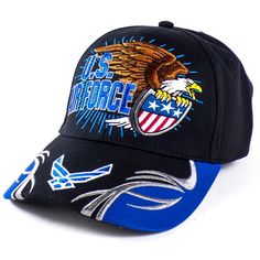 Officially licensed black and blue United States Air Force embroidered adjustable baseball hat with hook and loop closure. Includes and eagle and US shield on the front plus USAF logo on the bill. Black Patriotic Adjustable Baseball Cap, Black Adjustable Patriotic Baseball Cap, Patriotic Black Baseball Cap For Sports, Patriotic Black Baseball Cap For Outdoor, Patriotic Black Snapback Trucker Hat, Black Patriotic Snapback Trucker Hat, Adjustable Black Patriotic Trucker Hat, Usaf Logo, United States Air Force