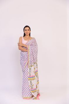 Featuring a powder lilac block printed pre-stitched saree in cotton base. It is paired with a round sqaure neckline blouse. Color: MULTICOLOR FABRIC: COTTON Delivery time 15 to 20 days Pink Block Print Mulmul Dupatta, Pink Mulmul Dupatta With Block Print, Multicolor Cotton Pre-draped Saree With Unstitched Blouse, White Cotton Silk Dupatta With Block Print, White Bohemian Cotton Saree, Pink Block Print Saree Sets, Pink Chanderi Saree With Block Print, Printed Pink Saree, Traditional Pink Printed Saree