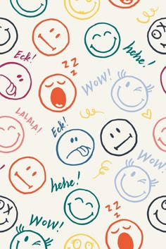 many different colored smiley faces on a white background