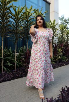 "This sundress is perfect for the ongoing summer. It has beautiful floral block print. -Model height: 5'3\" wearing size L -Length: 50\" -Fit: Comfortable -100% Cotton Hand block printing is one of the oldest techniques used in India." Square Neck Cotton Maxi Dress With Floral Print, Cotton Sundress, Women Plus Size, Printed Maxi, Dress For Women, Printed Maxi Dress, Dress Clothes For Women, Western Wear, White Cotton