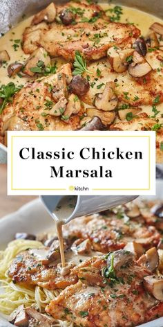 chicken marsala with mushrooms and parmesan cheese being drizzled over it