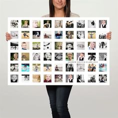 a woman holding up a large poster with many photos on it's sides and the words love is all around her