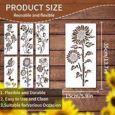 sunflower stencils are shown on a wooden background with measurements for each one