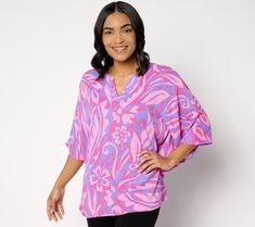 Ready to slay summer? Vacay or staycay, you'll look cool, calm, and collected when balmy breezes blow with this flirty floral poncho-style top. From Belle by Kim Gravel. Spring Tropical Print Tops For Loungewear, Summer Tropical Print Tops For Loungewear, Tropical Style Beach Cover-up Tops For Spring, Spring Tropical Beach Cover-up Tops, Flowy Pink Top For Vacation, Flowy Floral Print Top For Beach Cover-up, Spring Beach Cover-up Top, Printed, Spring Beach Cover-up Printed Top, Summer Floral Print Beach Cover-up Top