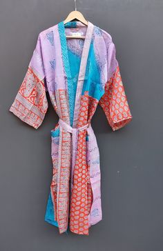 "Pure Silk kimono robes are perfect for lounging around the home or spa. Use our silk robe as a cover up on the beach or after a dip in the pool. Add a luxe, boho feel to your bridal shower. Versatile, soft and luxurious, our 100% Pure silk kimono robes are printed with azo-free dyes. The Pure Silk robe features 3/4th sleeves, a waist tie and two front pocket. Length - 50 inches (125Centimeter), Measurements Approx : *Length: 50 \" Inches *Bust Around Size: 48\" Inches *Shoulder: 8\" Inches *Sle Multicolor Long Sleeve Dresses For Home, Luxe Boho, Kimono Dressing Gown, Kimono Robes, Silk Kimono Robe, Plus Size Fits, Silk Robe, Vintage Saris, Womens Robes