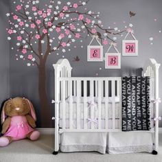 This nursery wall decal fits perfectly above your crib. Make it the focal point of your living room, family room or baby nursery! It will fit perfectly in rooms that have a ceiling height of 7 - 9 feet! Harriet Bee Color: Gray/Pink | Harriet Bee Blossom Ceiling Wall Decal 96.0 H x 124.0 W in red / pink / brownVinyl in Gray / Pink | 96" H X 124" W | Wayfair | Home Decor Pink Gray Black Nursery, Tree Decal, Large Wall Decals, Flower Bedroom, Family Tree Wall Decal, Tree Decals, Wall Decals For Bedroom, Girl Nursery Room, Family Tree Wall