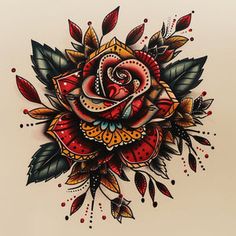 a drawing of a rose with leaves on it's side and an arrow in the middle