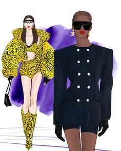 two women in animal print outfits and one is wearing black sunglasses, the other has red lipstick