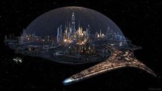 a futuristic city is shown in the middle of an alien planet with a spaceship flying over it