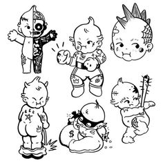 cartoon children playing with toys in black and white