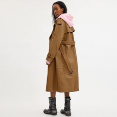 A luxurious take on an iconic style this relaxed-fit trench coat is crafted of soft supple leather. The double-breasted silhouette is finished with shoulder epaulettes slip pockets belted cuffs and a back vent for ease of movement. | Coach Leather Double Breasted Trench Coat - Women's Size XS - Dark Beige Wind Coat, Suede Trench Coat, Shoulder Epaulettes, Double Breasted Trench Coat, Leather Trench Coat, Iconic Style, Dark Beige, Shearling Coat, Trench Coats Women