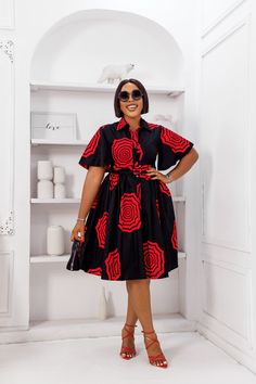 This LALA African Print Flare Sleeve Button Dress is sure to add a lil' va-va-voom to your wardrobe! Its high-quality fabric, fierce pocket detailing, and 'Oh-so-fabulous' flared sleeve make it the perfect fit for any stylish slay queen! Add your favorite slides and a mini bag for a legendary look - we guarantee you won't regret it! FEATURES. 100% African Wax Cotton Dress is Unlined Flare sleeves Button-down at the front. Matching belt Collar neckline Side pockets Model Is Wearing a Medium Dress length is 42-45 inches. CARE INSTRUCTION Hand Wash in Cold Water. Do Not Bleach. Press with Cool Iron on The Wrong Side African Flare Dresses Ankara Styles, Ankara Collar Dress, Flared African Print Dresses, Flare Style Dresses, Cute Kitenge Dress Designs, Africa Print Dress Ankara Fashion, Flared Chitenge Dresses Classy, Ankara Dress Styles Gowns Classy Flare, Flare Ankara Dress Styles