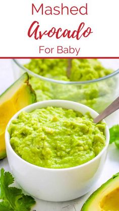 an avocado in a white bowl with the words mashed avocado for baby