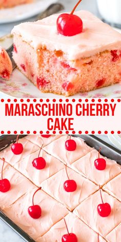 a close up of a piece of cake with cherries on top and the words maraschino cherry cake above it