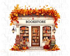 a bookstore with bookshelves full of books and fall leaves on the front door