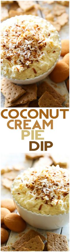 two images showing different types of dips and crackers with the words, coconut cream dip