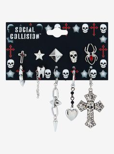 Bring some edge to your look with this mismatched earring set! It features single stud earrings starring a skull  star  spider and more  plus drop earrings with spikes  teeth  hearts and a rhinestone gothic cross.14" - 2 12" dropsNickel-free alloy; acrylicSet of 10Imported Edgy Drop Earrings For Halloween, Punk Style Single Cartilage Earring, Edgy Halloween Drop Earrings, Punk Style Cartilage Earrings As Gift, Punk Cartilage Earrings As Gift, Punk Style Cartilage Earrings For Gift, Trendy Silver Skull Jewelry, Star Spider, Social Collision