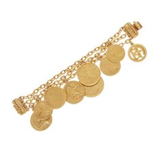 Gold plated tripple row big coin bracelet  7" x 3/4",                                      1"- 1 1/4" pendants Bracelet Coins, Chanel Charm Bracelet, Contemporary Bracelets, Rose Gold Charms, Vintage Charm Bracelet, Coin Bracelet, Sterling Silver Charm Bracelet, Gold Charm Bracelet, Silver Charm Bracelet