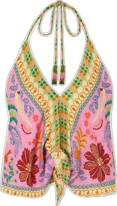 Tropical Summer Halter Neck Top, Tropical Halter Neck Top For Summer, Silk V-neck Top For Vacation, Tropical Halter Top For Summer, Tropical Sleeveless Halter Top For Summer, Pink V-neck Top For Poolside, Chic Triangle Top For Poolside, Summer Silk Printed Tops, Summer Tropical Print Halter Top Beachwear