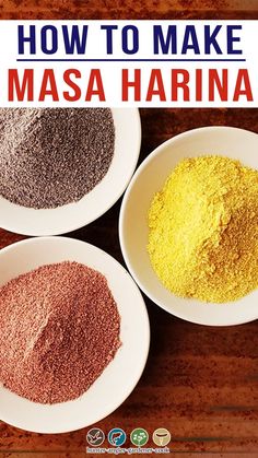 three bowls filled with different types of spices on top of a wooden table next to each other