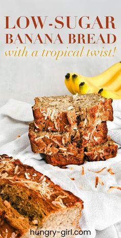 two banana breads sitting on top of a white towel next to some sliced bananas