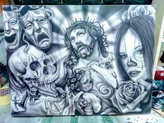 a drawing of jesus surrounded by skulls, roses and other evil creatures on a canvas