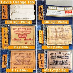 several different types of levi's orange tab labels