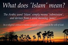 a sunset with the words what does islam mean? in front of trees and sky