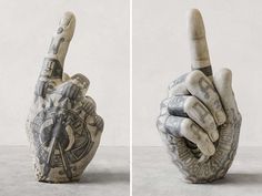 two pictures of hands with tattoos making the peace sign