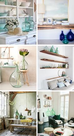 four different pictures with vases and shelves in them