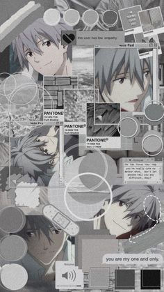 an anime character collage with many different things in the background, including text and images