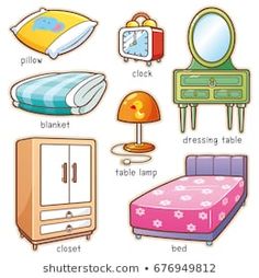 an image of different types of furniture and bedroom items in english or chinese words on a white background