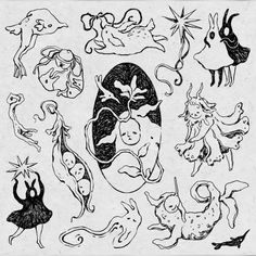 black and white drawing of various animal designs