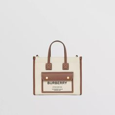 Mini Two-tone Canvas and Leather Freya Bag in Natural/tan - Women | Burberry United States Burberry Tote Bag, Burberry Tote, Luxury Tote Bags, Tan Woman, Fancy Bags, Burberry Handbags, Natural Tan, Colored Leather, Tote Bag Leather