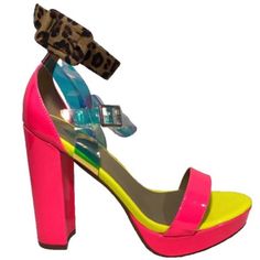 These Eye Catching Heels Are Certain To Be A Show Stopper! -Color - Neon Pink And Yellow With Leopard Print And Holographic Strap -Platform -Open Toe -Adjustable Ankle Strap -Synthetic Materials -Approx 5” Heel -Approx 1” Platform -Never Been Worn! Offers Welcome! -Smoke Free Home! -Fast Shipping! -Top Rated Seller! Bold Pink Summer Heels, Bold Pink Heels For Summer, Neon Yellow High Heel Sandals For Party, Trendy Neon Yellow Party Sandals, Bold Yellow High Heels, Trendy Neon Yellow Sandals For Party, Bold Yellow High Heel Shoes, Neon Yellow Party Heels In Synthetic Material, Trendy Neon Yellow Round Toe Heels