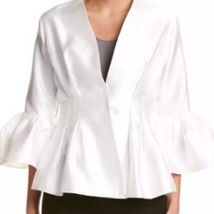 Gently Worn. Nothing Visible Wrong. Size Large Available - New With Tags $80 Gracia Color/Pattern: White Approximately 23in From Shoulder To Hem Satin Design Bell Sleeves, Pleated Accents Snap Closure Lightweight And Soft (Gorgeous Fabric) 100% Polyester Hand Wash Or Gentle Cycle Origami Jacket, Satin Design, Chiffon Jacket, Peplum Blazer, Gold Jacket, Vest Blouse, Longline Coat, Cape Jacket, Black Drapes