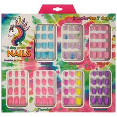 Material: Plastic Color: Pink, Purple, Blue & Yellow Quantity: 84 Pieces Give yourself a magical makeover with the help of these Unicorn Press-On Nails. These glue-free nails come in matte, glittery, metallic, and even watercolor styles to choose from. Each set is labeled for a certain day of the week, but you can mix and match them for a one-of-a-kind look. Simply follow the instructions on the back to give your outfit an eye-catching element! Dream Wedding Cake, Pink Purple Blue, Short Acrylic Nails Designs, Day Of The Week, Short Acrylic Nails, Acrylic Nail Designs, Feet Nails, Hobby Lobby, Manicure And Pedicure