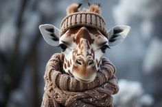 a giraffe is wrapped up in a sweater and hat with its eyes closed