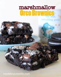 chocolate marshmallow oreo brownies stacked on top of each other