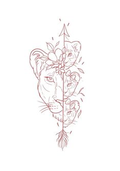 a drawing of a tiger with flowers on it's head and an arrow in the middle