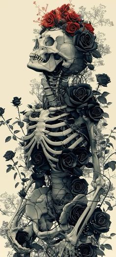 a skeleton with roses in its hair