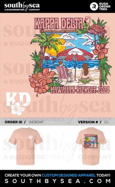 a t - shirt with the words kaua beach on it and an image of palm trees