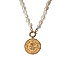 Saint Benedict' Pearl Necklace -Large- - Ibiza Passion Saint Benedict, The Pouch, Spring Rings, That Way, Beauty Products, Pearl Necklace, Lotion, 18k Gold, Gold Plate