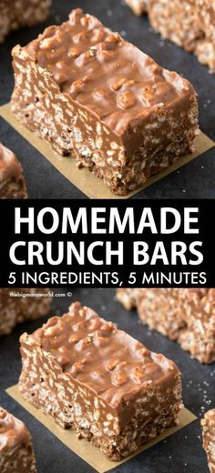 homemade crunch bars with chocolate frosting and nuts on top