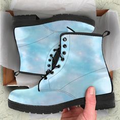 *Need an appreciation gift for your Friend? * Women's Light Blue Galaxy Custom Leather boots, Vegan Leather Doc Martens Mother's Day Gifts idea * All of our Men's and Women's Faux Leather Boots are custom-made-to-order and handcrafted to the highest quality standards. * Our unique designs are second to none. When is the last time you walked into a shoe store and found affordable boots in so many different, phenomenal designs. * When you're wearing these boots the complements won't stop. Our boot Light Blue Galaxy, Blue Combat Boots, Doc Marten Style, Aesthetic Boots, Doc Martens Style, Women's Leather Boots, Clouds Aesthetic, Hippie Boots, Combat Boots Style