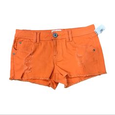 New With Tag Candie’s Brand Orange Denim Shorts. 5-Pocket Jean Shorts. Size 5 Distressed Denim. See Pics For Measurements. Summer Colorful Colored Denim Jean Shorts Tangerine Summer Distressed Cotton Jeans, Trendy Orange Cotton Shorts, Casual Orange Summer Jeans, Peach Jeans, Colored Denim Jeans, Orange Jeans, Dark Denim Shorts, Boho Jeans, Cuffed Denim Shorts